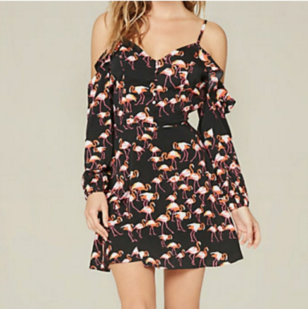 Bebe Flamingo Print Cold Shoulder Dress Sz 2